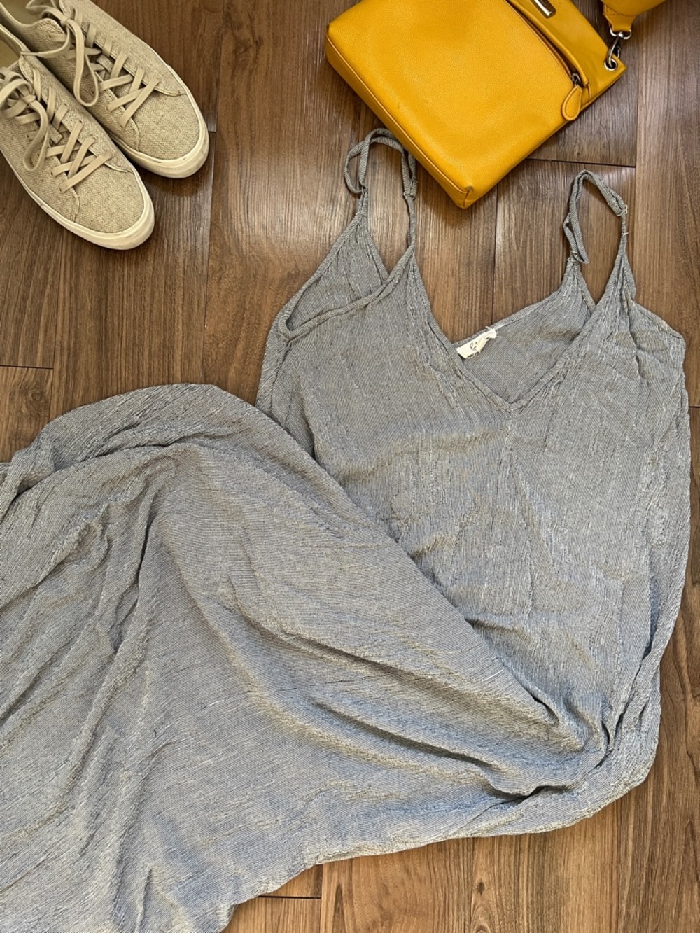 Elan Light Gray Maxi Dress with thin stripes V-Neck and Spaghetti Straps